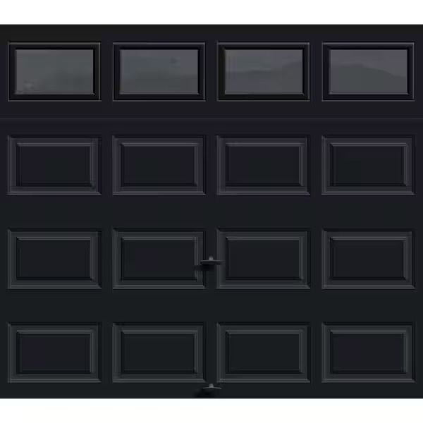 Black raised-panel garage door with top windows — product showcase for MA homeowners